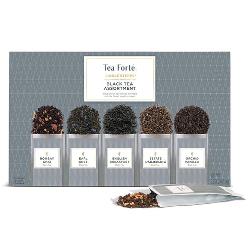 Tea Forte Black Tea Assortment Single Steeps Loose Leaf Premium Tea Gift Set Sampler, 15 Count 3 of Each Assorted Blends, Pre-Portioned Single Ser...