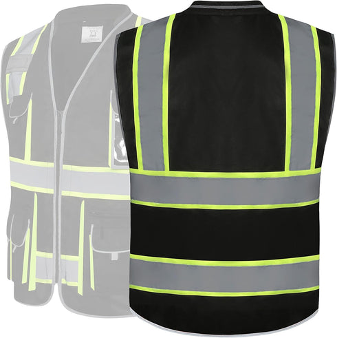 JKSafety 10 Pockets Hi-Vis Zipper Front Black Safety Vest | Cushioned Collar | High Reflective Tapes with Extended Neon Yellow Strips | Meets ANSI...