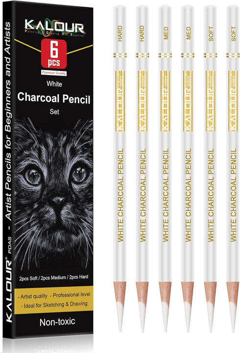 KALOUR White Charcoal Pencils Drawing Set, Professional 6 Pieces White Sketch Pencils for Drawing, Sketching, Shading, Blending, White Chalk Penci...