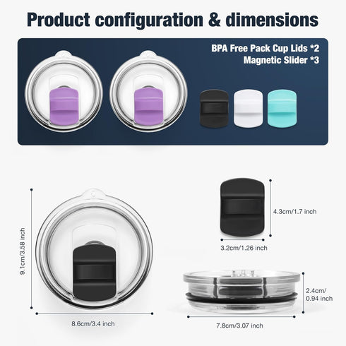 20 oz Tumbler Lids,Magnetic Tumbler Lid Replacement for YETI,BPA Free 2 Pack Purple Tumbler Lids & 3 Pack Magnetic Slider...