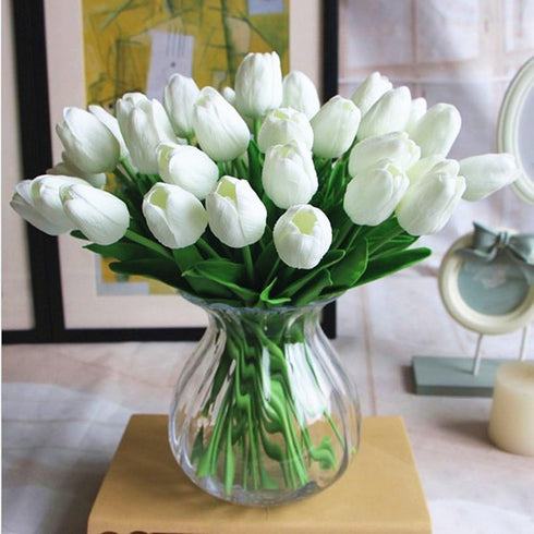PU Fake Tulips Real Touch Artificial Flowers 10Pcs Flower Arrangement Bouquet for Home Office Wedding Decoration (White)...