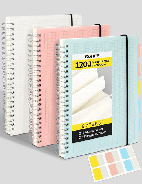 SUNEE Graph Paper Notebook - 3 Pack A5 Spiral Grid Notebook, 5.7" x 8.3", 5 X 5mm Graph Ruled (5 sq/in), 120gsm Thick Paper, 80 Sheets, Blue, Pink...