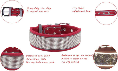 Bling Diamond Dog Collar for females girls,Soft Velvet Leather with Fancy Sparkly Crystal Rhinestones,Reflective Stripe,Suit Medium Large Dogs pup...