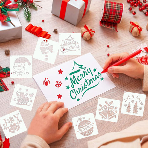 25Pcs Christmas Stencils 4x4 Inch for Painting on Wood Slice, Fabric, Paper, Windows, Cards, DIY Christmas Ornaments, Reusable Merry Christmas & S...