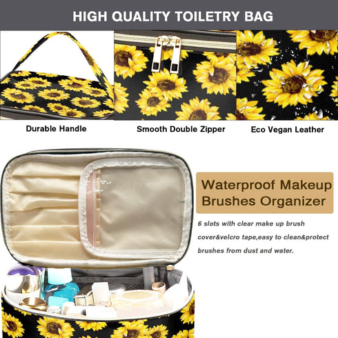 FITINI Travel Sunflower Makeup Bag Cosmetic Bag with Zipper,Large Capacity Waterproof Toiletry Organizer Bag for Women Purse With Handle Zipper Br...