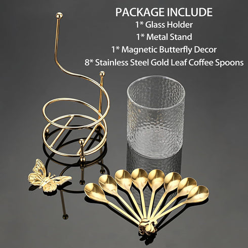ELLDOO Coffee Spoon Set, Clear Glass Holder with 8 Stainless Steel Gold Leaf Coffee Spoons, Creative Flatware Set for Stirring, Mixing, Sugar, Ice...