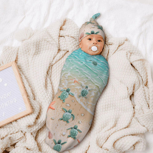Beach Sea Turtle Baby Newborn Swaddle Blanket with Beanie Hat Set, 100% Cotton Receiving Blankets Sleep Sack for Boy & Girl Newborn Shower Gift...
