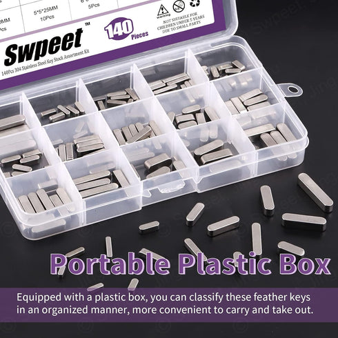 Swpeet 140Pcs 16 Sizes Stainless Steel 3mm 4mm 5mm 6mm Round Ended Feather Key Parallel Drive Shaft Keys Set Key Stock Assortment for Fasteners Me...