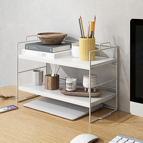 Desktop Organizer Shelf, White 2-Tier Desktop Supplies Storage Rack, Adjustable Storage Rack and Office Cubicle Decor for Tabletop, School, Office...