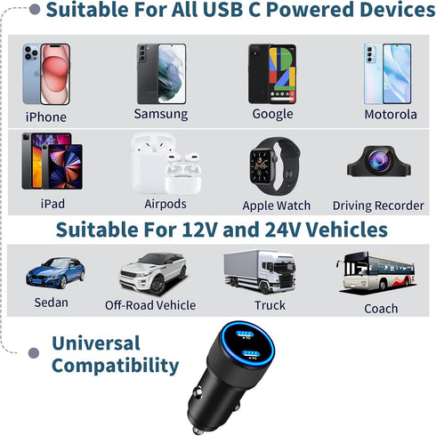 ?MFi Certified?iPhone 15 Fast Car Charger, Linocell 72W Dual PD Car Power Cigarette Lighter USB-C Fast Car Charge Adapter+2Pack Type-C Braided Cab...