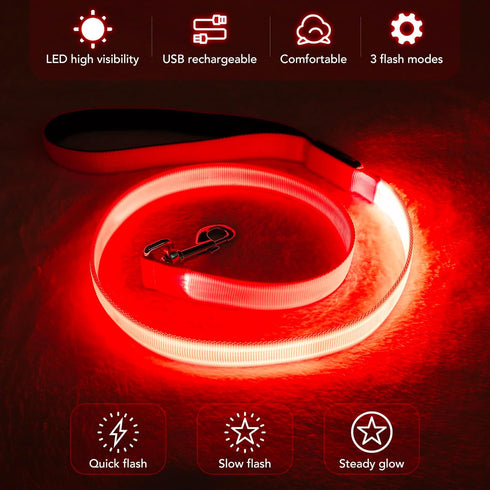 LED Dog Leash Light Up Dog Leash 4 Feet Micro USB Rechargeable Nylon Webbing Glow Safety Standard Dog Leash for Dogs by Bpawser (Red)...