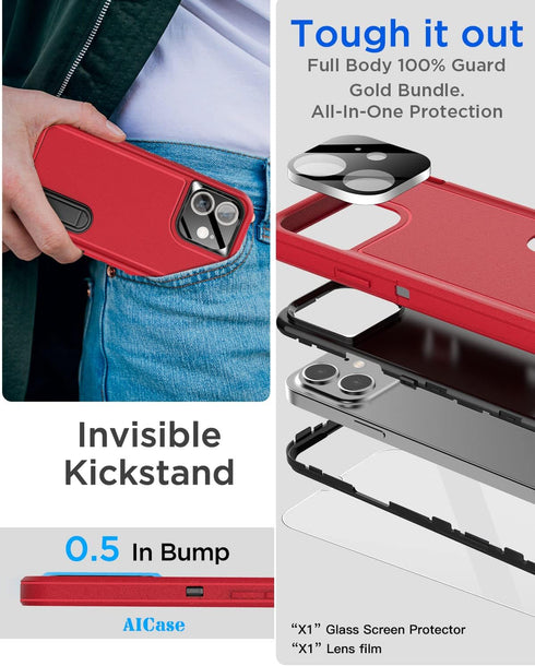 AICase for iPhone 11 Case Built-in Kickstand with Glass Screen Protector+Camera Lens,Heavy Duty Drop Protection Full Body Rugged Shockproof Milita...