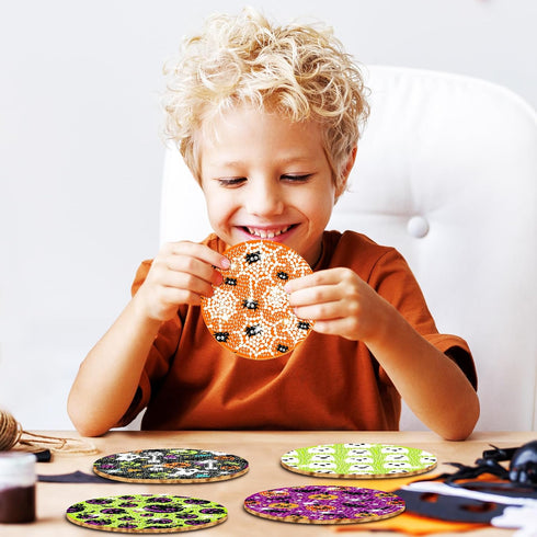 8 Pcs Halloween Diamond Art Coasters Kit with Holder Halloween Pumpkin Ghost Bat Diamond Art Coasters for Adults Diamond Art Kit Supplies for Hall...