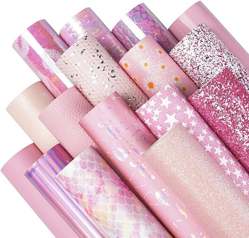 16 Pieces 8x6 Inch Pink and Baby Pink Series Faux Leather Fabric Sheets Include Metallic Litchi Fine Chunky Glitter Holographic Flamingo Patent Em...