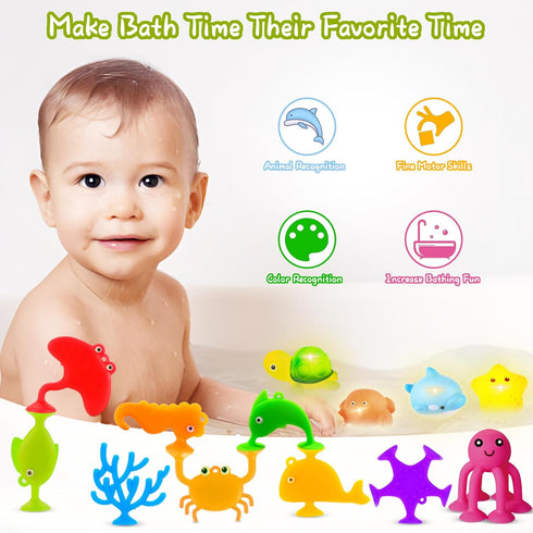 Baby Bath Toys for Kids Ages 1-3, 9 Pcs Sensory Suction Cup Toys+4 Pcs Light Up Floating Ocean Animal Bathtub Toy Set for Babies 6-12 Months, Todd...