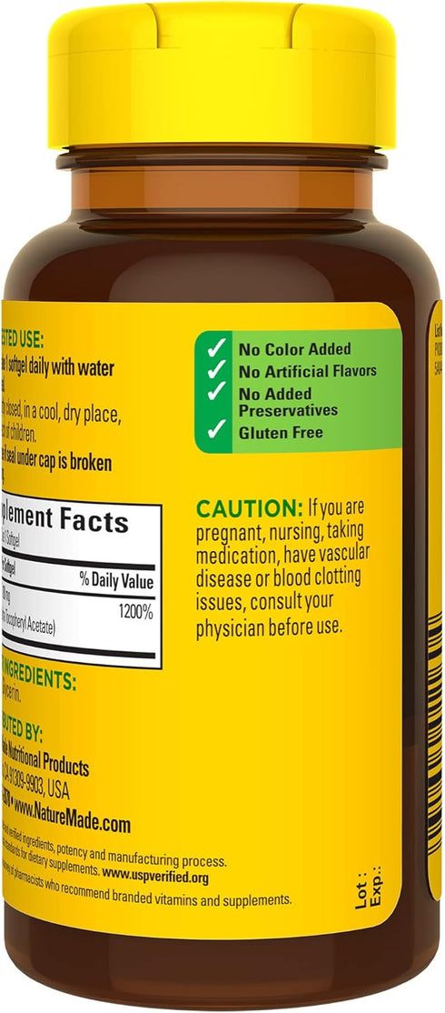 Nature Made Vitamin E 180 mg (400 IU) dl-Alpha, Dietary Supplement for Antioxidant Support, 100 Softgels, 100 Day Supply...