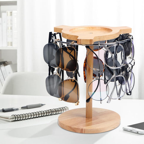 Sunglasses Organizer Glasses Holder Stand with 360 Rotating Display Eyeglasses Rack Wood Base for up to 12 Pairs of Eyewear for Table Dresser Desk...