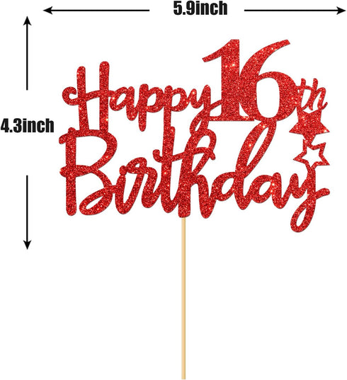 Red Glitter Happy 16th Birthday Cake Topper - Sixteen Sign Cake Topper - Cheers to 16 Years Party Supplies - 16th Birthday Party Decorations...
