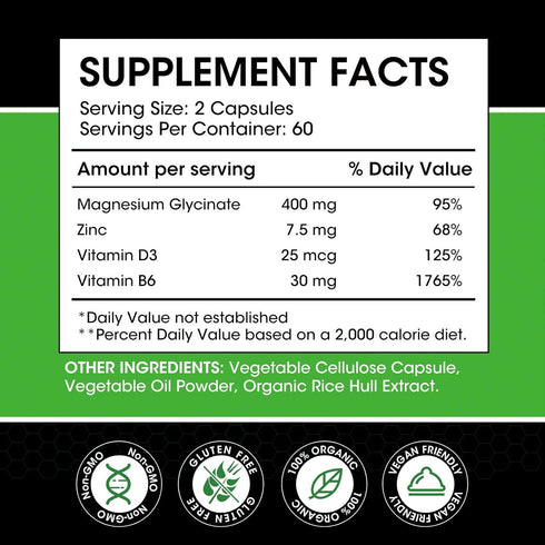 (2 Pack) Magnesium Glycinate Capsules, Magnesium Supplement 400mg with Zinc,Vitamin D3 & B6 - Highly Bioavailable and Absorption - Bone,Heart,Join...