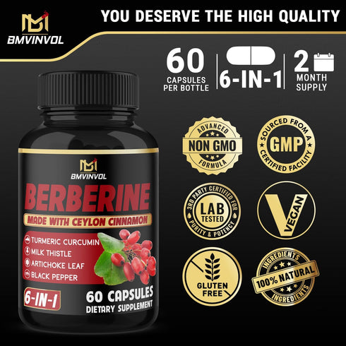 Berberine Supplement with Ceylon Cinnamon, Turmeric, Artichoke, Milk Thistle - Berberine HCl Supplement Pills - 60 Capsules...