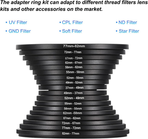 PATIKIL 9pcs Step Up Ring, 9pcs Step Down Ring, Camera Lens Filter Adapter Ring Aluminum Filter Ring Adapter Set for Camera Lens Hood, 72-77MM, 77...