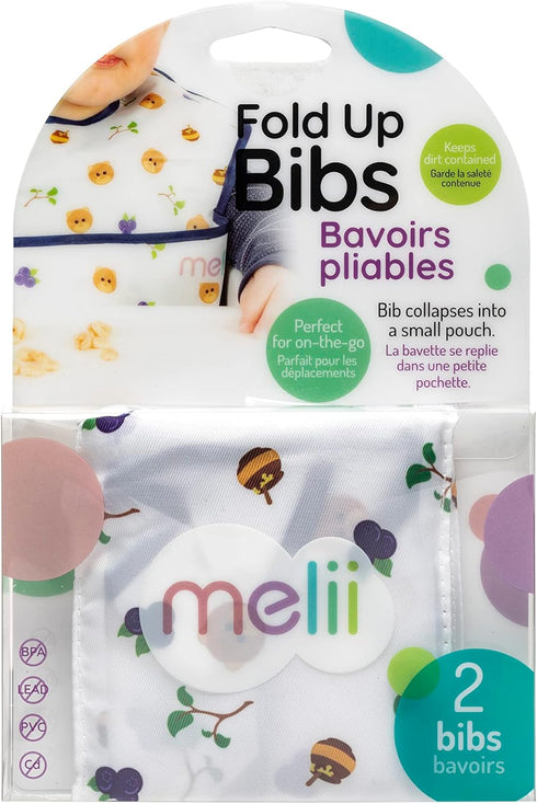 melii Baby & Toddler Fold Up Bib with Integrated Travel Pouch and Large Scoop, 2 Pack, BPA Free (Bear)...