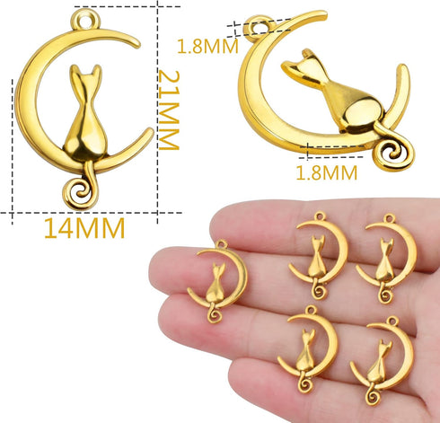 100pcs Cat in The Moon Charms Alloy Celestial Pendants Craft Supplies for DIY Earrings Necklace Bracelet Jewelry Making Christmas Birthday Party G...
