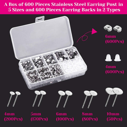 shynek Earring Posts and Backs, 1800pcs Earring Making Supplies with Stainless Steel Earring Posts and Earring Backs for Studs, Earring Making Kit...