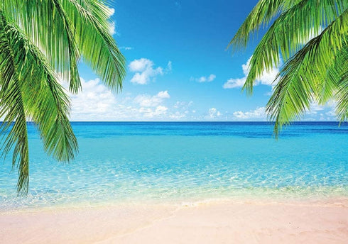 7x5ft Summer Beach Photography Backdrop Sea Ocean Palm Leaf Sand Beach Background Wedding Baby Shower Birthday Party Banner Supplies Photo Booth P...
