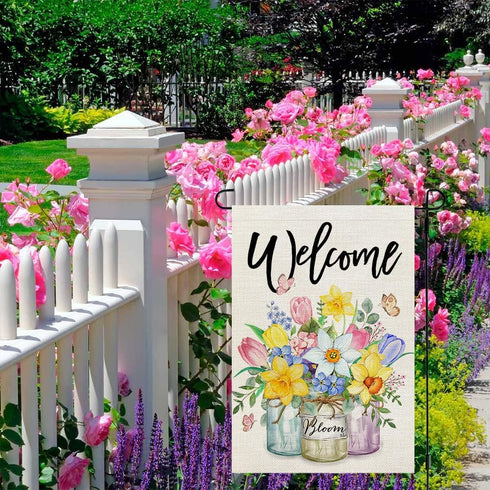 CROWNED BEAUTY Spring Garden Flag Floral Mason Jar 12x18 Inch Double Sided for Outside Small Burlap Seasonal Welcome Yard Flag...