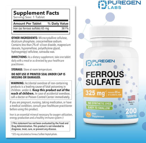 Puregen Labs Ferrous Sulfate 325 mg (65 mg Elemental Iron) High Potency Iron Supplement | No Artificial Color Additives - 200 Tablets Made in USA...