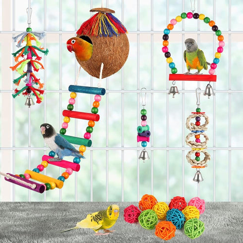 Bird Toys 17 Pcs Bird Parakeet Swing Chewing Hanging Toys Climbing Ladder Coconut Bird Cage Toys Suitable for Cockatiels,Conures,Finches,Budgie,Lo...