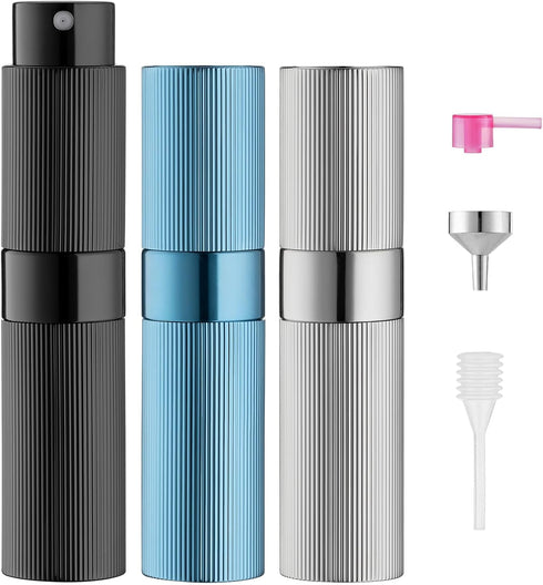 LISAPACK 8ml Stripe Perfume Atomizer Spray Bottle, 3pcs Travel Cologne Sprayer Refillable, Empty Mini Portable Perfume Dispenser (Black, Silver, B...
