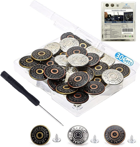 30 Sets Jeans Replacement Buttons 17mm Jean Buttons Replacement Kit with Rivets and Metal Base in Storage Box (Bronze,Silver,Copper)...