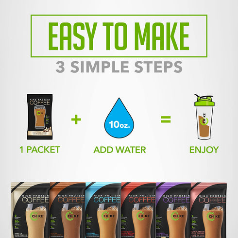 Chike High Protein Iced Coffee Sampler Pack, 20 G Protein, 2 Shots Espresso, 1 G Sugar, Keto Friendly and Gluten Free, 6 Single Serve Packets...