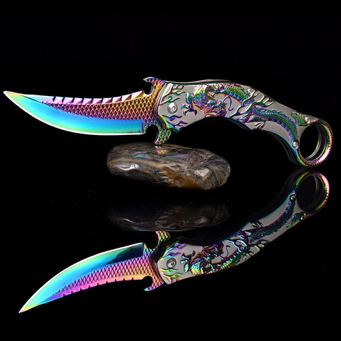 Pocket Knife for Men, Cool Folding Knife With Embossed 3D Dragon Relief, Great Gift Edc Knife For Men Outdoor Survival Camping Hiking (Rainbow)...