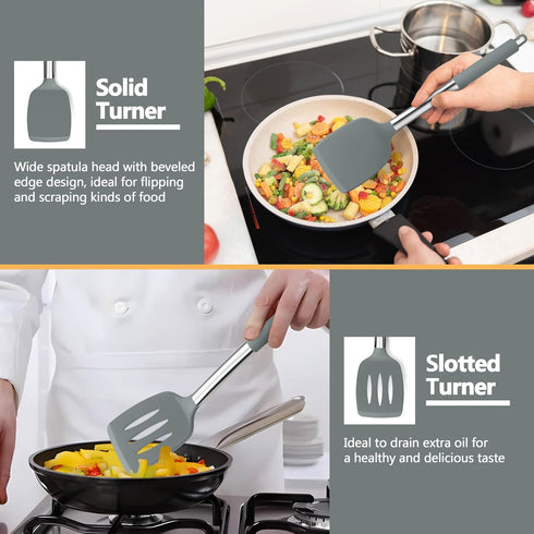 Kitchen Utensils Set, 4Pcs P&P CHEF Silicone Cooking Utensils Spatulas, Heat-proof Turner Spoon for Turning Mixing, Dishwasher Safe, (Grey)...