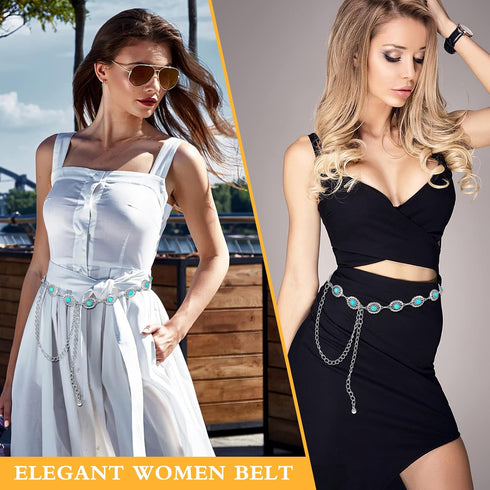 Concho Chain Waist Belts for Women, Turquoise Western Metal Belt Adjustable Cowgirl Belt with Buckle for Jeans Dresses...