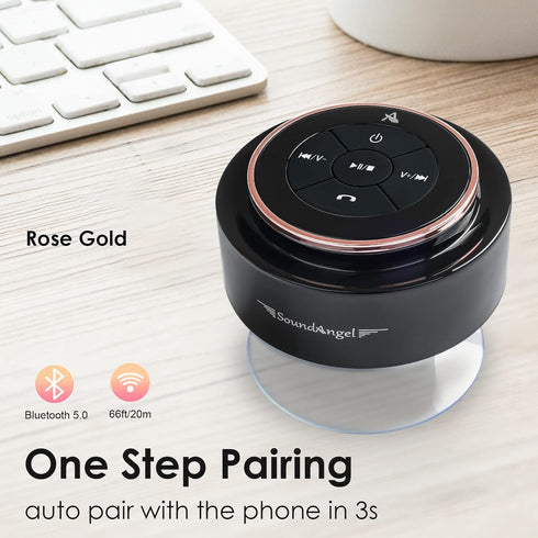 XLEADER Rose Gold Bluetooth Shower Speaker, SoundAngel Mate Certified IPX7 Waterproof Bathroom Speaker with Suction Cup Mic 5W Crystal Sound, 15H ...