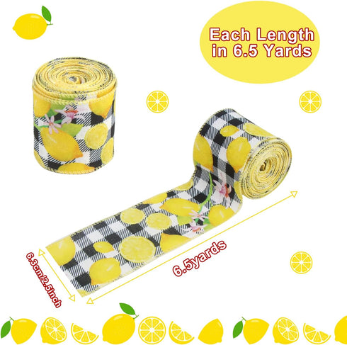 CCINEE 4 Rolls Wired Edge Ribbons with Lemon,2.5 Inch×26 Yards Yellow Satin with Lemon Polka Dot Stripe Plaid Check for Wreath Floral Arrangements...