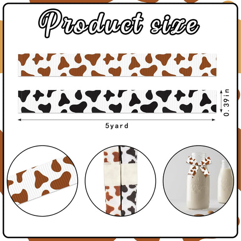 Hying 2 PCS Cow Spotted Ribbons for Crafting, 3/8" Width Brown Black Grosgrain Ribbons Cow Speckled Ribbon Classic Retro Craft Ribbons for Gift Wr...