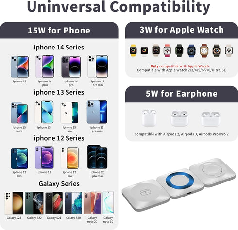 Charging Station for Apple Devices, 3 in 1 Portable Magnetic Wireless Charger, Wireless Charging Pad Compatible with iPhone 15/14/13 Series, AirPo...