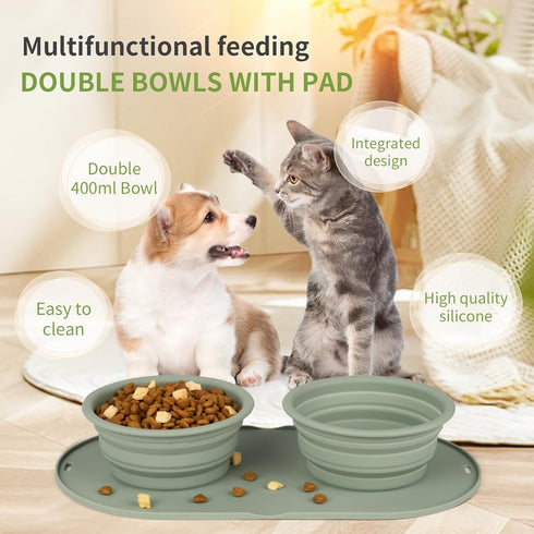 Puppy Dog Bowl,Travel Bowls Dog Food Bowls&Dog Water Bowls,No Spills,Collapsible Double Bowl,Suitable for Small and Medium Sized Dogs(Green)...