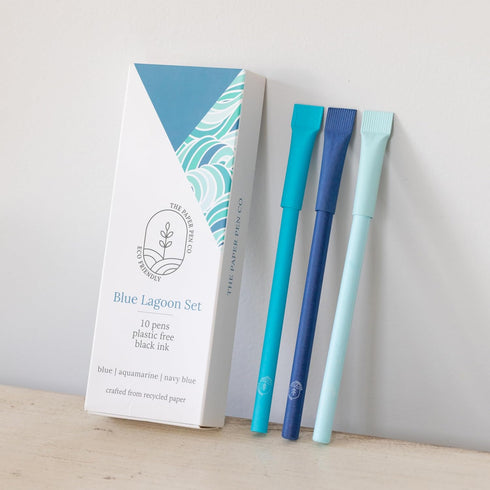 eco-friendly pen - crafted from 100% recycled paper, plastic-free, black Ink, pack of 10, Blue Lagoon set...