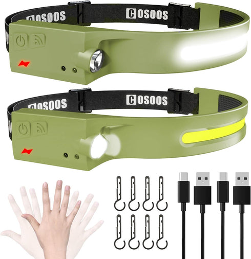 COSOOS 2 Rechargeable Headlamp Flashlight,Bright LED Head Lamp, 1000Lumen Floodlight & Spot Light, Motion Sensor, 2.4oz Lightweight Headband Headl...