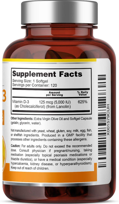 Vitamin D-3 5000 IU 120 Softgels - High-Potency in Extra Virgin Olive Oil Non-GMO Soy-Free - Supports Strong Bones Immune Health and K2...