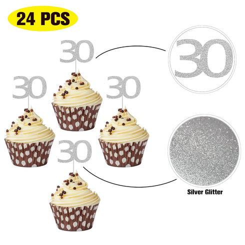 Sumerk 24PCS 30 Cupcake toppers Silver Glitter 30th Birthday Cupcake Picks Anniversary Party Decorations...