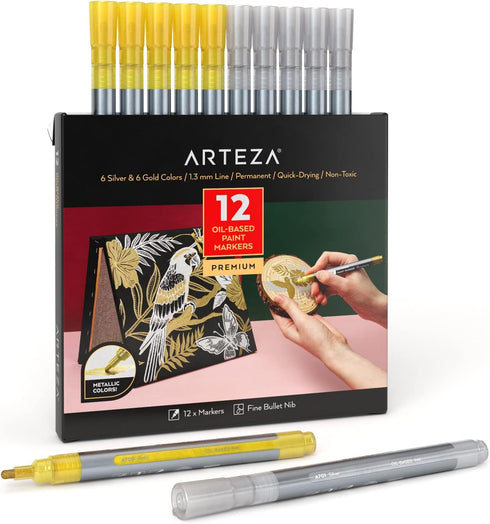 ARTEZA Metallic Oil Based Paint Markers, 12-Pack, 6 Silver and 6 Gold, 1.3 mm Line, Permanent Pens, Craft and Art Supplies for Canvas, Wood, Glass...