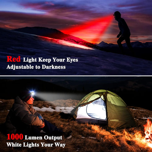 1000 Lumen Headlamp Rechargeable IPX4 Waterproof Hard Hat Headlight Forehead Flashlight for Adults Kids, Waterproof Headlight Camping Gear for Fis...