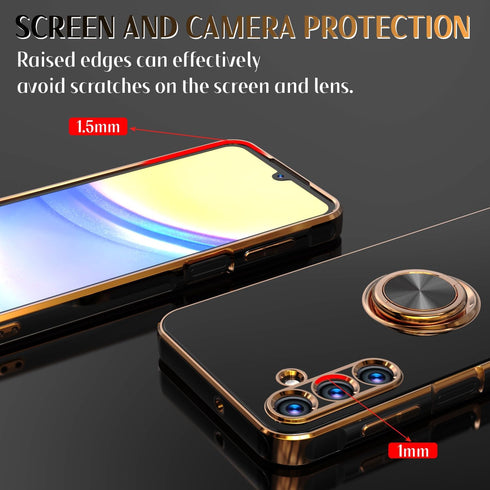 Samsung Galaxy A25 5G Cellular Phone Case with Tempered Glass Screen Protector, Rose Gold Plated Edge, Magnetic Kickstand, Black...